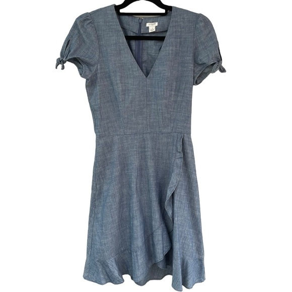 J. Crew Short Sleeve V-Neck Faux Wrap Ruffle Chambray Mini Dress Preppy - Sz 00 - Picture 1 of 15